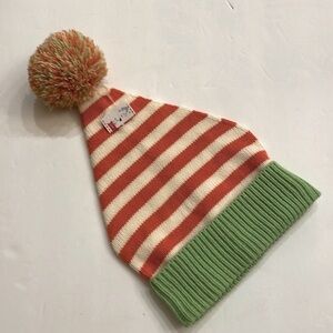 Kids unisex roll down beanie hat stripes w/ Pom Pom orange / cream / green